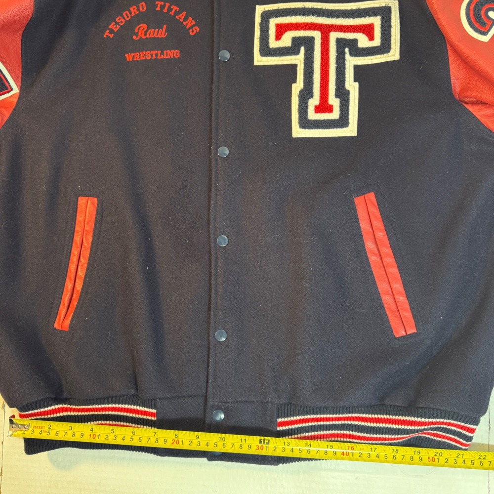 Letterman Jacket 3XL Leather wool Varsity Y2K Patch authentic red blue Wrestling - Picture 14 of 16